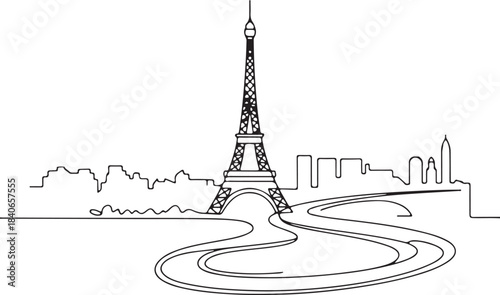 Continuous Line Art of Paris Skyline with Seine River Curve Minimal Outline Illustration
