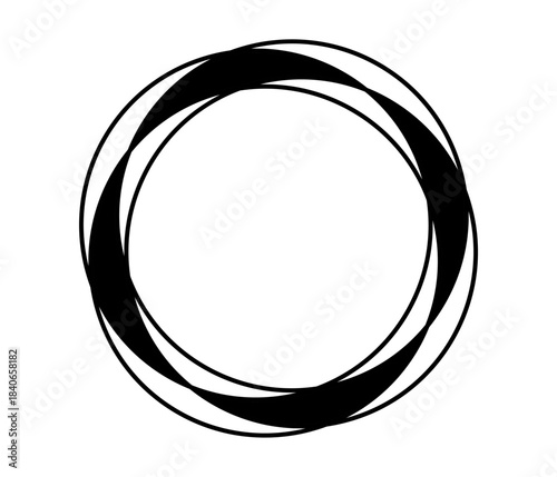 Black circular design element with two overlapping rings on isolated