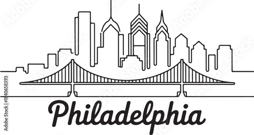 Continuous Line Art of Philadelphia Skyline with Ben Franklin Bridge Minimal Outline Illustration