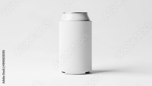 A white, blank can cooler wrapped around a beverage can, presented against a clean white background for design mockups