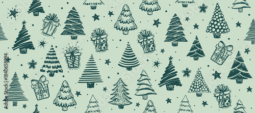 Christmas tree white on green, hand drawn illustrations.