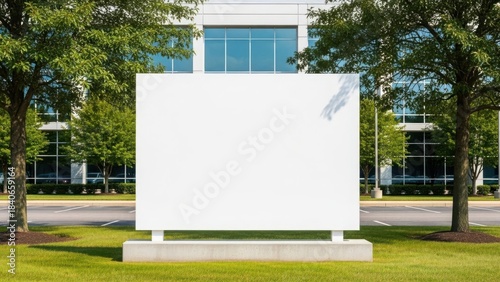 A large blank white sign stands on a grassy lawn in front of a corporate office building