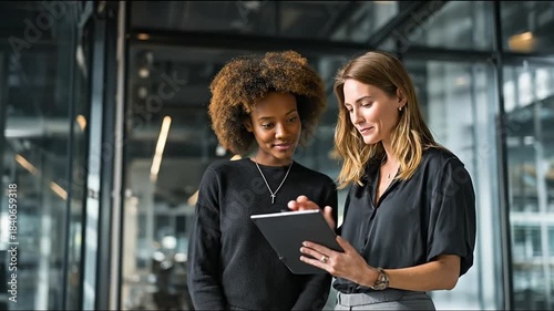 Two women review tablet in modern office, one smiling with afro, one pointing to the screen