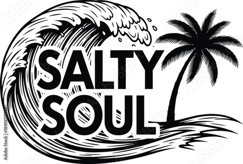 Salty Soul Surfing Vector Badge With Wave And Sun