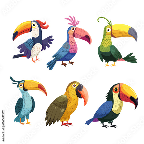 Funny tropical birds set of cliparts. Vector