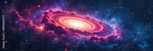 A breathtaking panoramic view of a swirling cosmic galaxy, filled with vibrant nebulae and distant stars Perfect for astronomy, science fiction, or space exploration projects , mystery, celestial