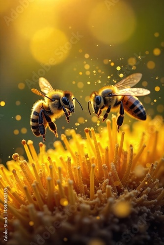 A breathtaking swarm of honeybees takes flight from a vibrant, sunlit hive, their wings blurring in motion Golden pollen dusts the air, creating a magical, ethereal scene , insects, blur