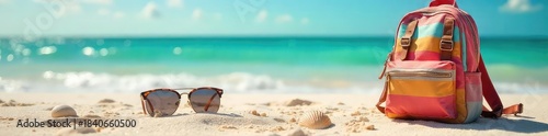 A carefree backpack rests on a sunny beach, seashells and sunglasses nearby, evoking a sense of joyful wanderlust and summer vacation bliss , fun, ocean, travel