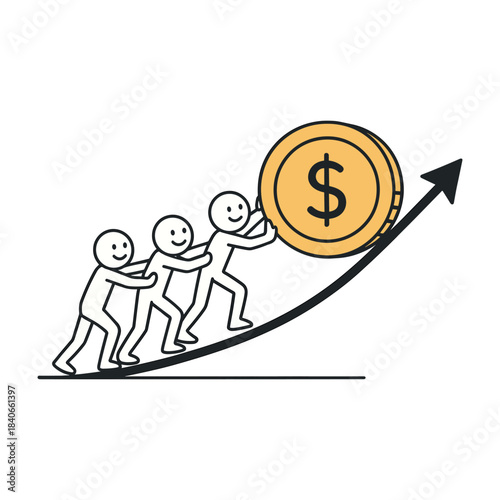  Teamwork Grows Business Faster (Multiple Stick Figures Pushing Together) Stickman Figures Vector Design