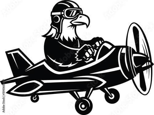 Cartoon eagle pilot flying an airplane silhouette isolated on white background