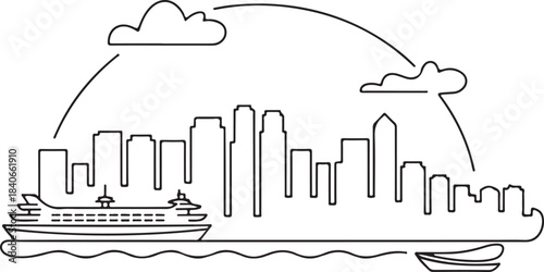 Continuous Line Art Seattle Skyline with Ferry Terminal Curve in Minimal Contour Outline Style