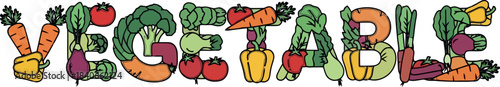 Colorful vegetable typography spelling the word vegetable.