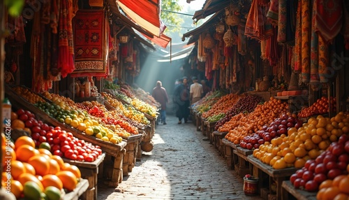 Vibrant market stalls with colorful fruit, textiles on display. People walk through cobblestone street lined with wooden crates of oranges, tomatoes, produce. Traditional oriental fabrics, rugs hang