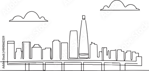 Continuous Line Art Seoul Skyline from Yeouido Riverside in Minimal Contour Outline Style