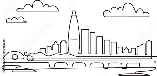 Continuous Line Art Seoul Skyline from Yeouido Riverside in Minimal Contour Outline Style