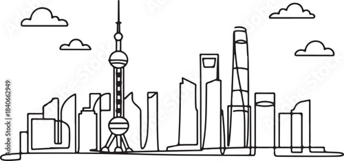 Continuous Line Art Shanghai Skyline with Oriental Pearl and Jin Mao in Minimal Contour Outline Style