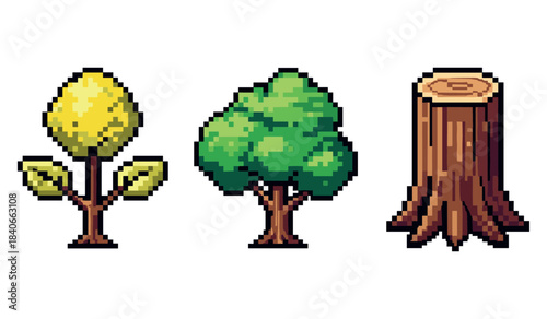 Pixel art tree evolution stages: sapling, tree, and stump illustration