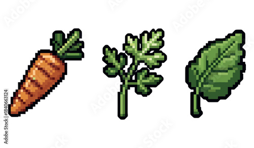 Pixel art vegetables: carrot, celery, and spinach illustrations
