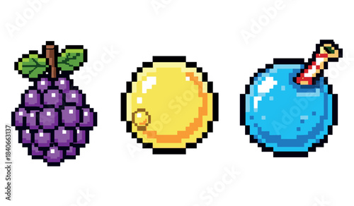 Pixel art fruit icons: grapes, lemon, and blue apple in retro style