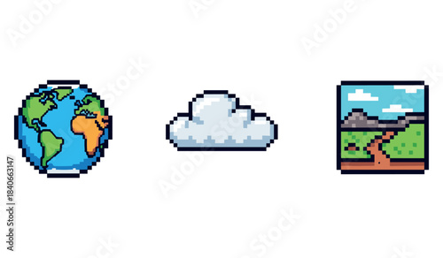 Pixel art earth cloud landscape: retro 8-bit scenery