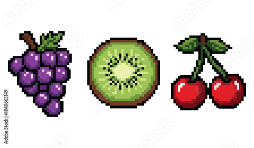 Pixel art fruit collection: grapes, kiwi, cherries on white background