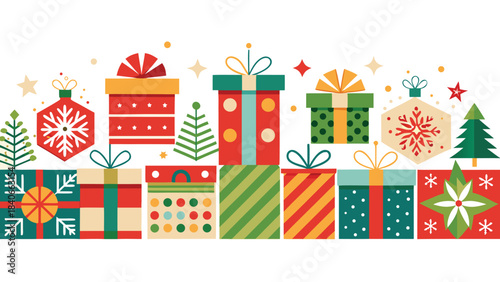 Decorative border with wrapped Christmas gifts and vibrant holly, enhancing the seasonal celebration theme..eps