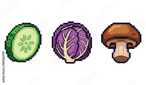 Pixel art vegetables: cucumber, purple cabbage, mushroom