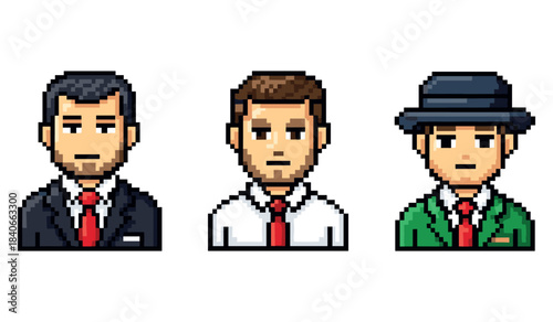 Pixel art male avatars: business, casual, stylish portraits