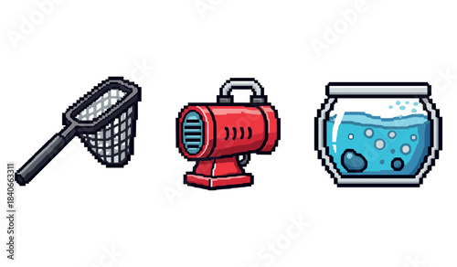 Pixel art aquarium set: fish net, air pump, and fishbowl with water bubbles