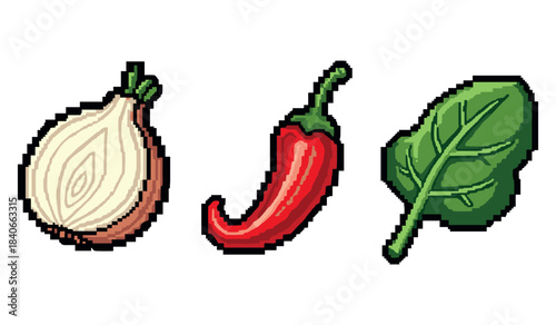 Pixel art vegetables: onion, chili pepper, leafy green on white background