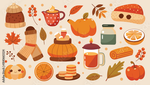 collection of autumn-themed stickers featuring leaves, pumpkins, and acorns in warm colors..eps