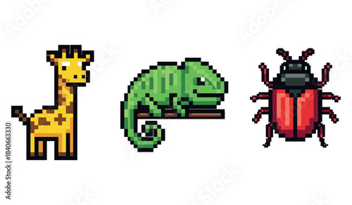 Pixel art animals: giraffe, chameleon, and beetle trio