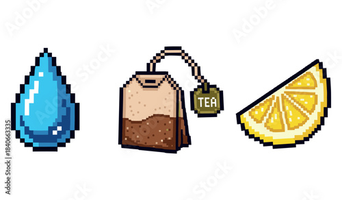 Pixel art of water droplet, tea bag, and lemon slice