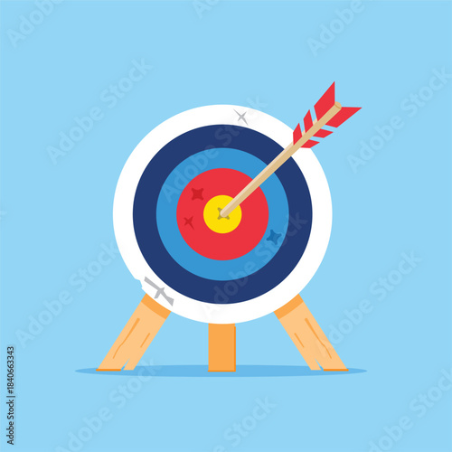 Illustration of a dart target with various strokes in a flat style, arrow in the center of the target
