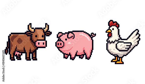 Pixel art farm animals: cow, pig, chicken in a retro style
