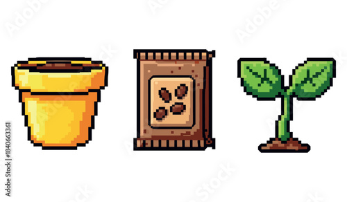Pixel art gardening icons: pot, seed packet, and seedling