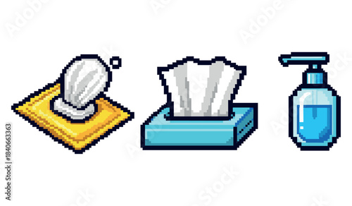 Pixel art sanitization: tissues and hand sanitizer icons for hygiene
