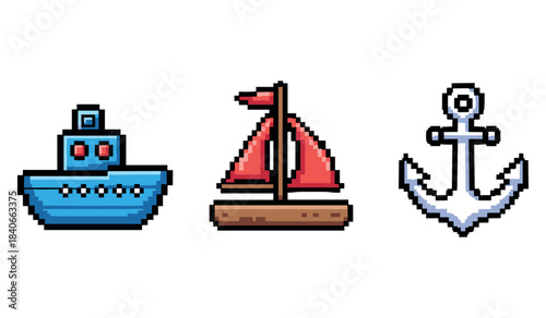 Pixel art nautical icons: boat, sailboat, and anchor on white background