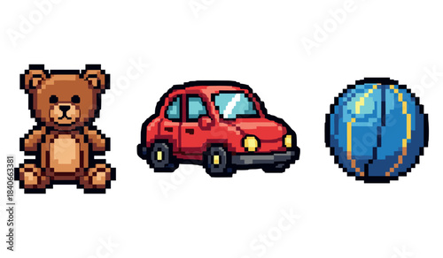 Pixel art teddy bear car and ball on white background