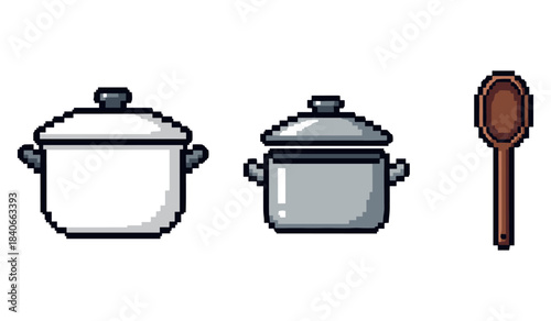 Pixel art cooking set with pots and wooden spoon on white background