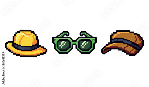 Pixel art accessories: yellow hat, green sunglasses, orange cap