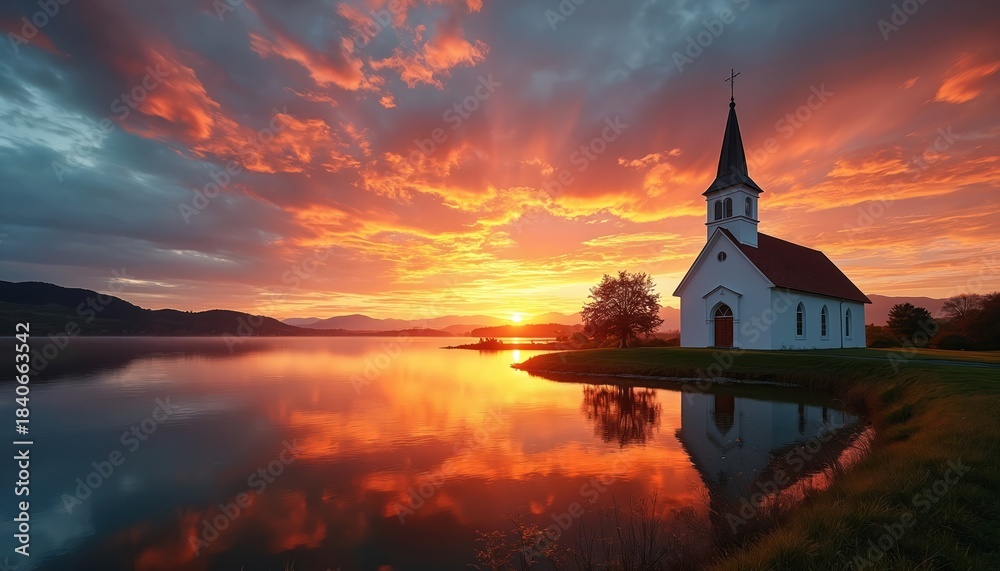 Fototapeta premium White church with steeple stands on grassy hill next to calm lake during fiery orange sunset. Majestic sky with sun rays reflects on water surface. Peaceful rural landscape.