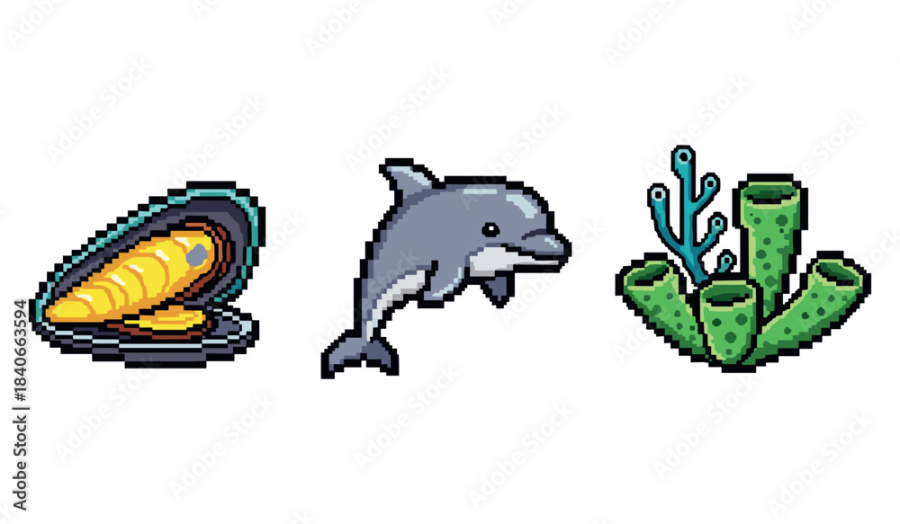 Obraz premium Pixel art marine life: mussel, dolphin, and coral