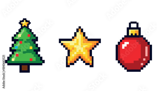 Pixel art christmas icons: tree, star, ornament in retro style