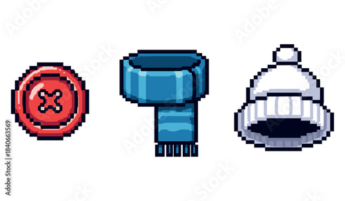 Pixel art winter accessories: red button, blue scarf, white hat with pom-pom