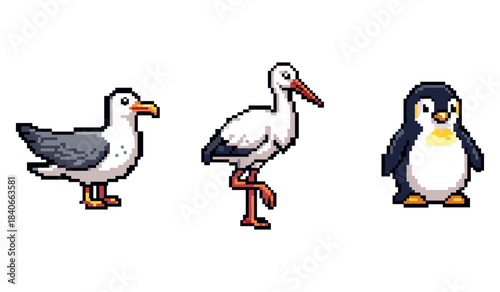 Pixel art birds featuring seagull, stork, and penguin
