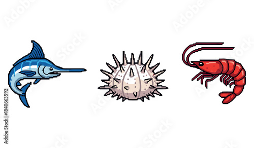 Animated ocean life: swordfish, pufferfish, and shrimp