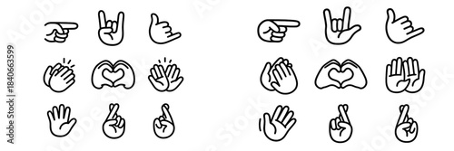 Popular hand gestures set including pointing, clapping, heart sign, shaka, and good luck symbols