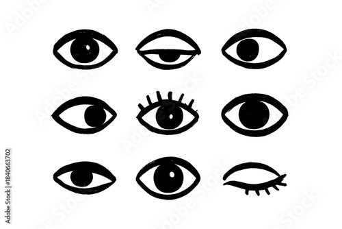 Nine abstract hand-drawn eyes in black ink style on white background