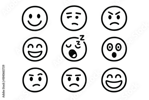 Nine outline emoji faces showing various human emotions and moods like happiness, anger, sadness, and surprise